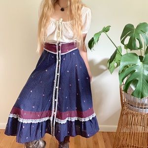 Vintage 1970’s Prairie Midi Skirt Polkadot Lace